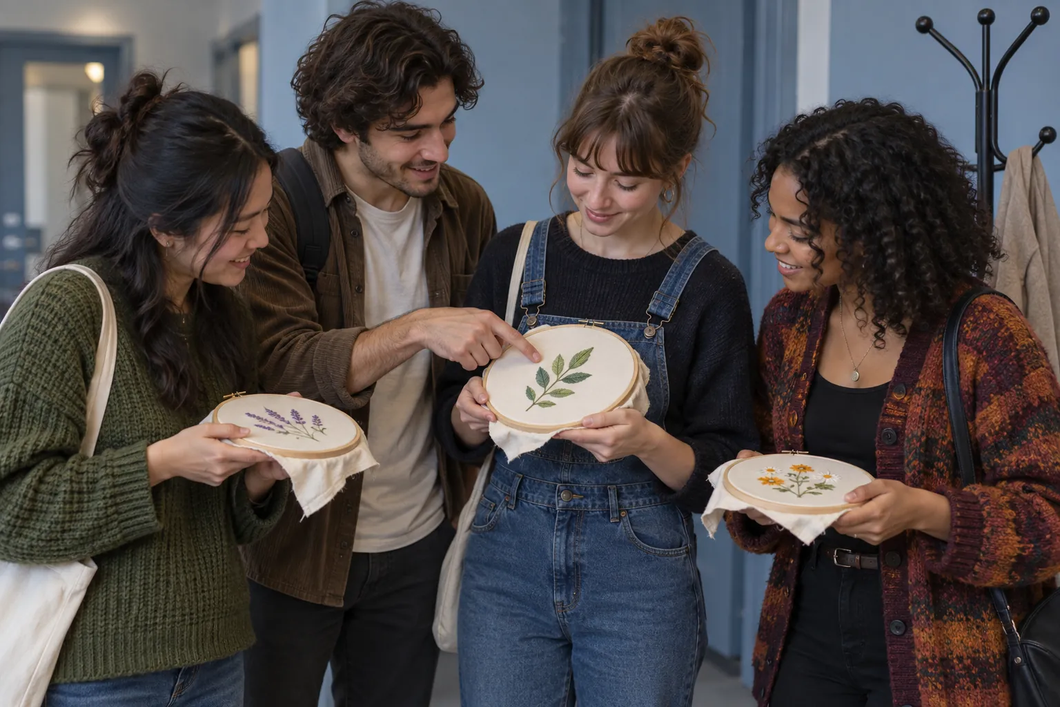 Illustration: Young adults sharing unfinished embroidery projects.