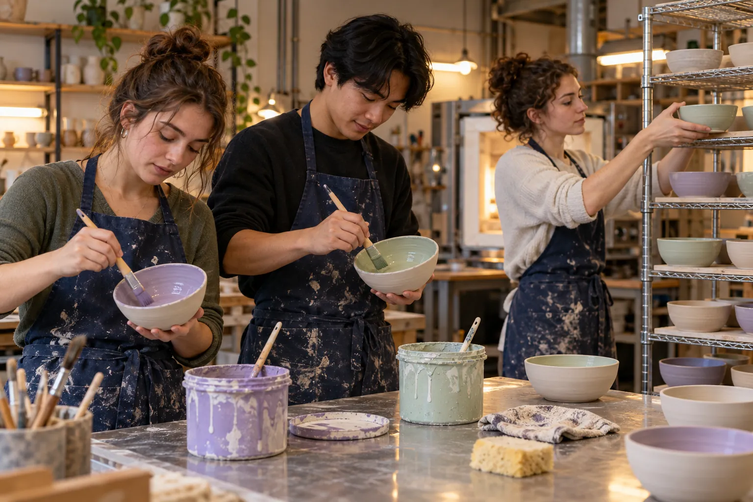 Illustration: Young adult potters glaze and arrange bowls in a ceramics studio.