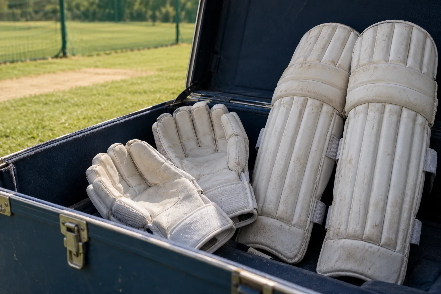 Illustration: Plain padded wicketkeeping gloves and shin guards rest in an open blue cricket kit trunk beside a grass practice area, shot close with believable protective shapes.