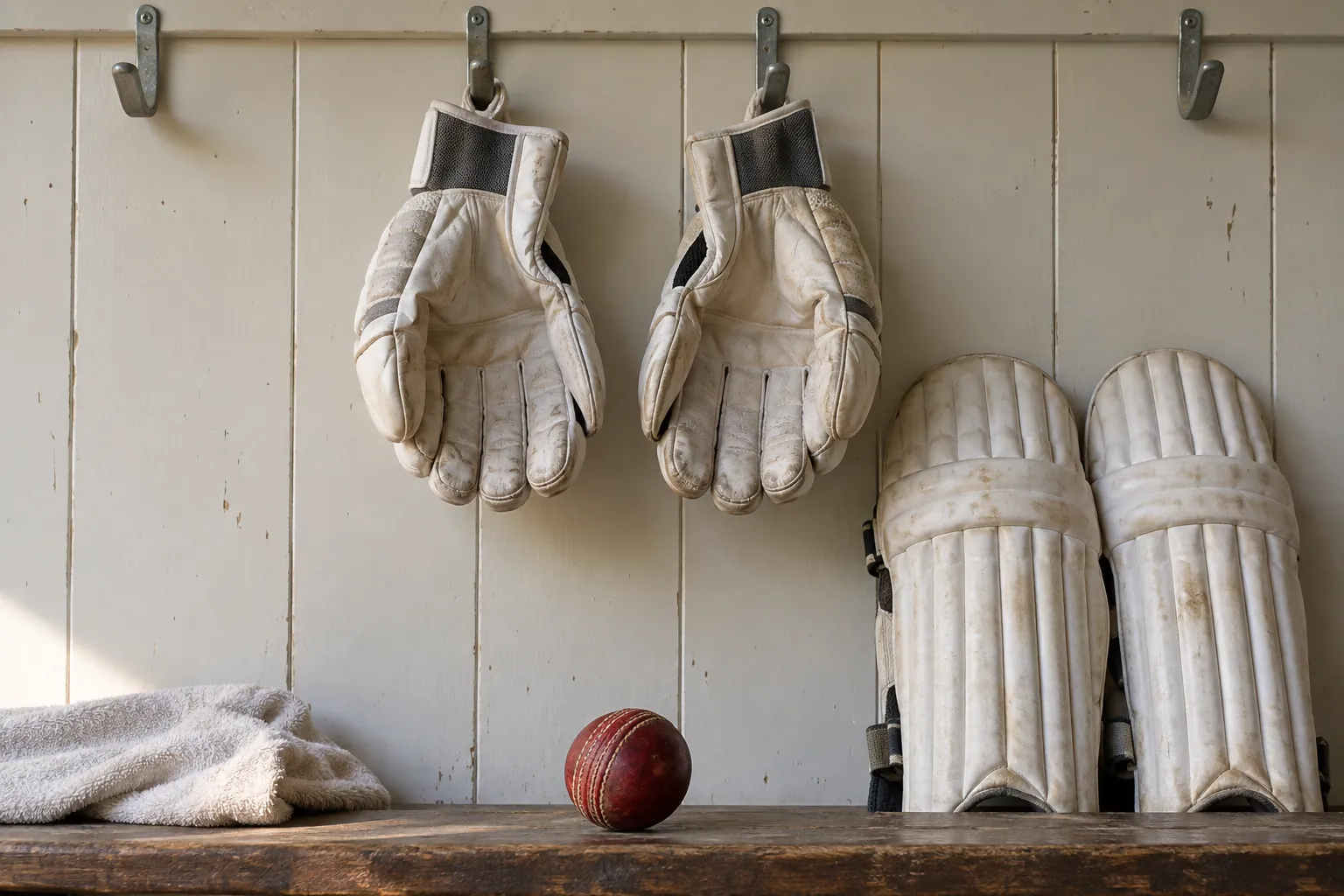 Illustration: Unbranded wicketkeeping gloves hang from plain metal pavilion hooks above padded leg guards and a red cricket ball on a shelf, framed frontally.