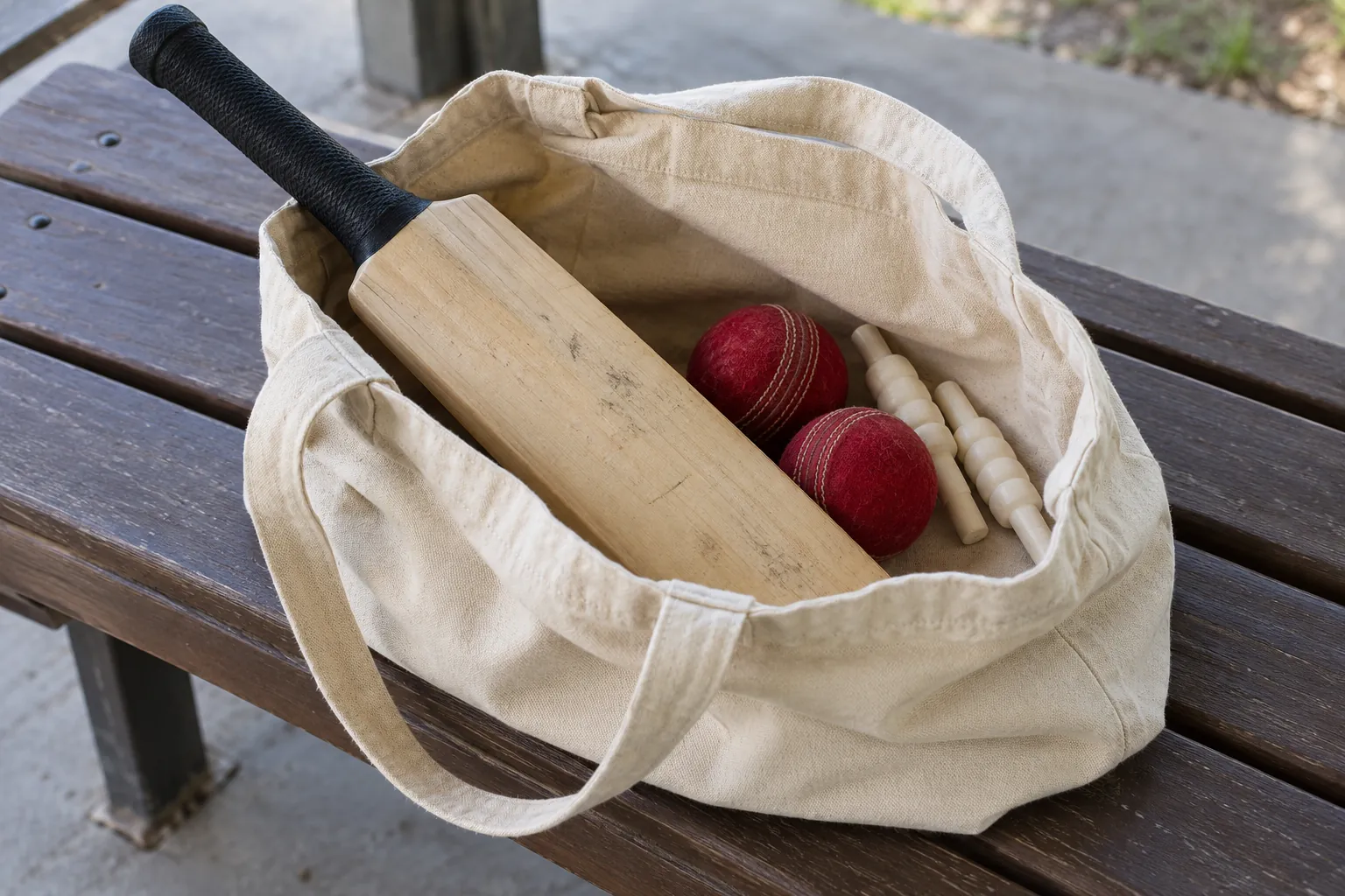 Illustration: A lightweight cricket bat and soft training balls in a canvas tote.