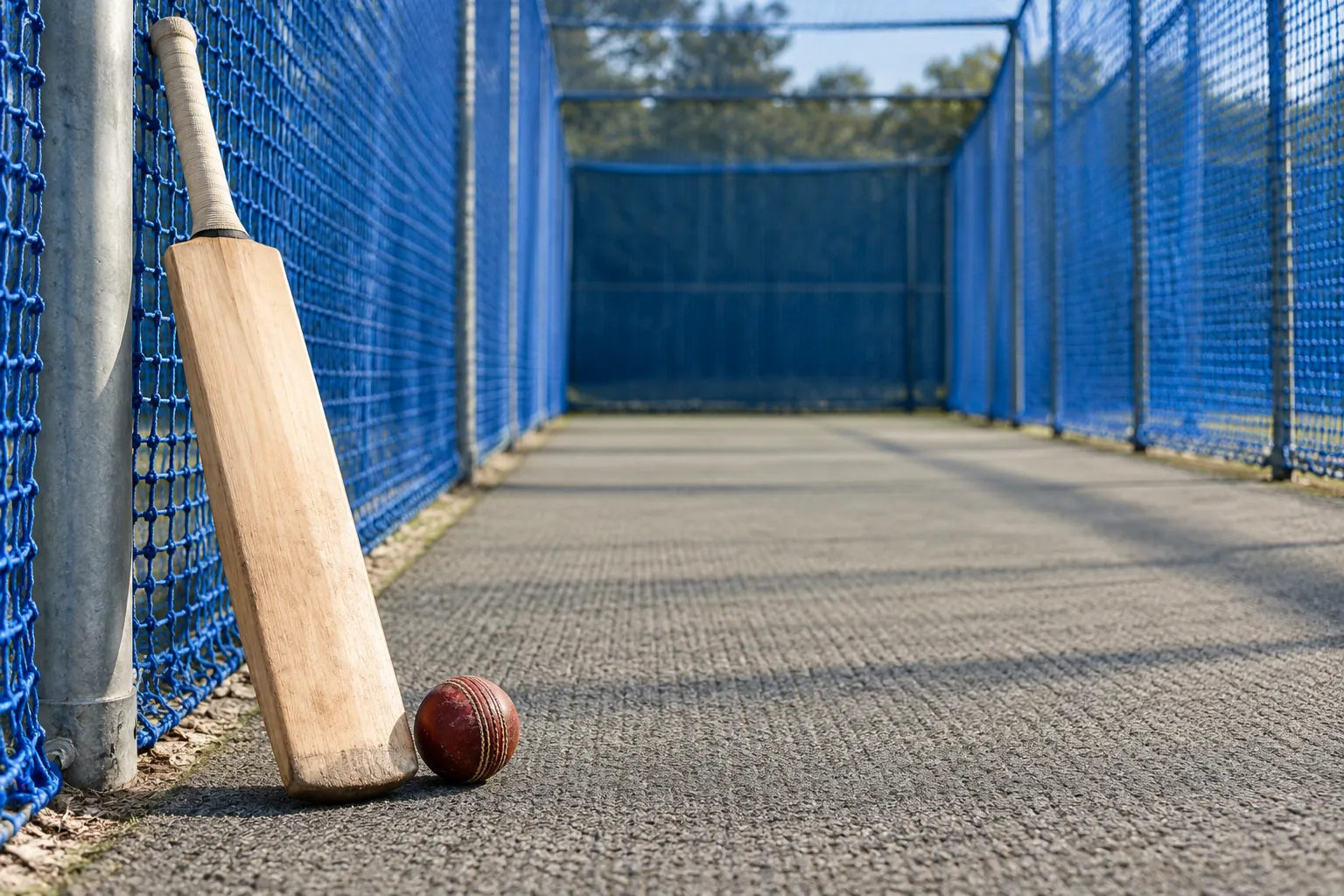 Illustration: A plain wooden cricket bat and red leather cricket ball rest at the entry of an empty blue practice net lane.