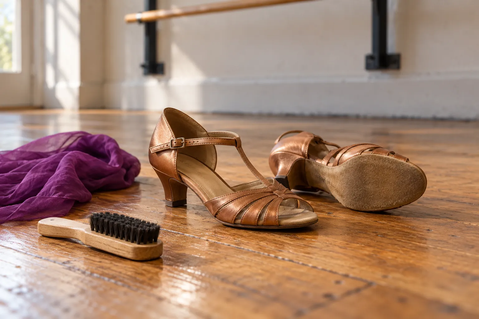 Illustration: Social-dance shoes and a shoe brush on a wooden studio floor.