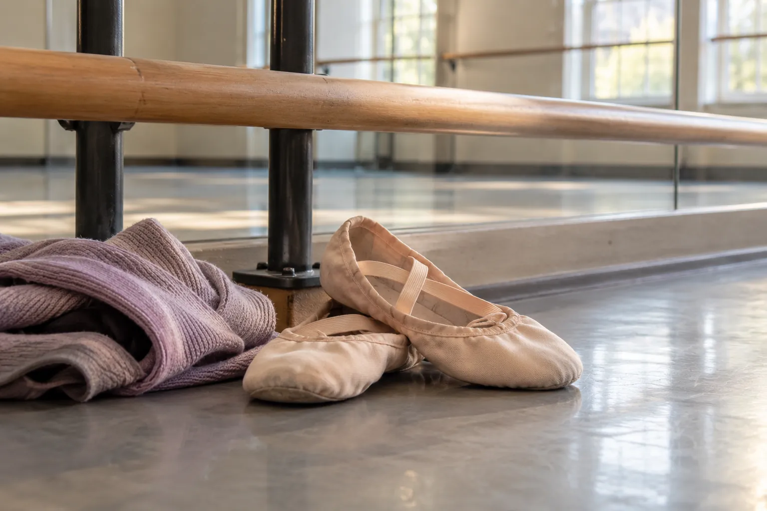 Illustration: Canvas ballet slippers and a folded warmup layer beneath a barre.