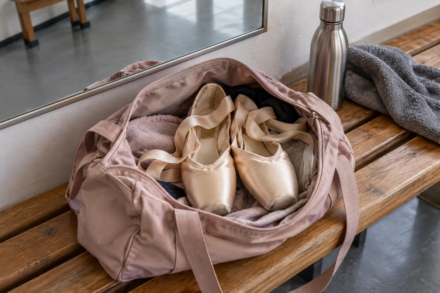 Illustration: Satin pointe shoes and rolled ribbons inside a dance bag.