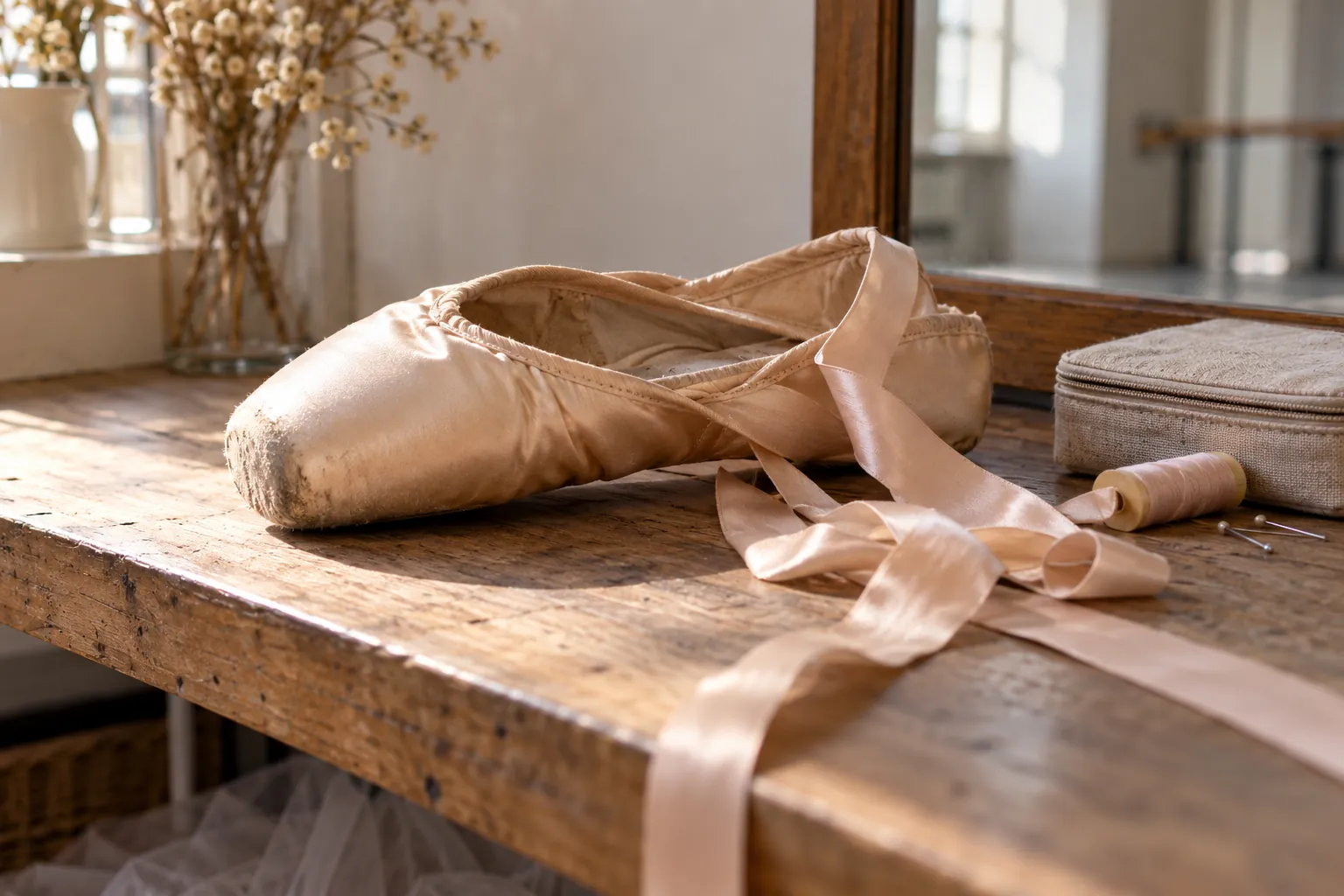 Illustration: A pointe shoe and ribbon lengths beside a sewing pouch.