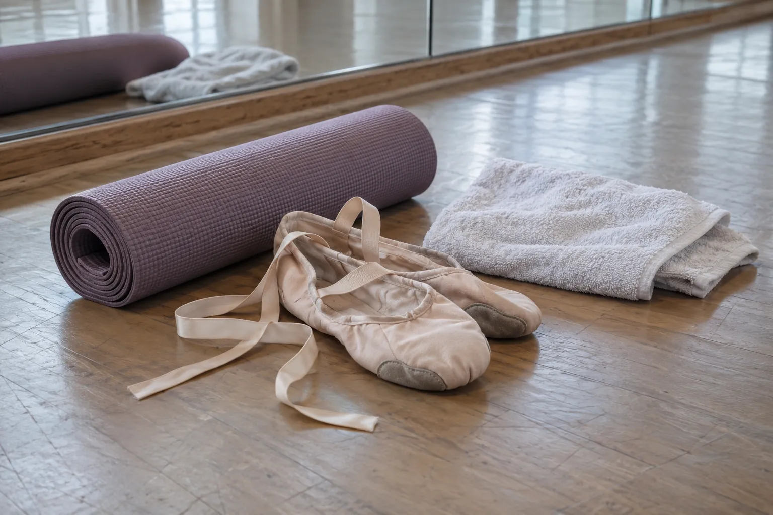 Illustration: Ballet slippers beside a rolled exercise mat and towel.