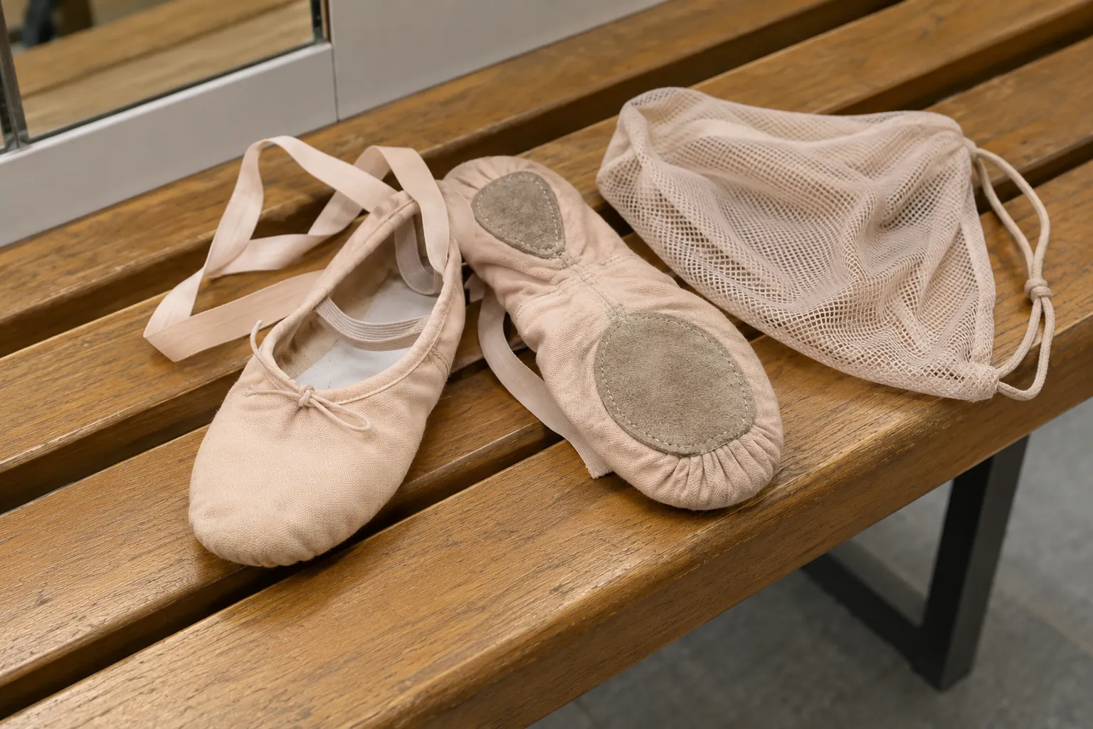 Illustration: Canvas ballet slippers with a visible split sole beside a mesh pouch.