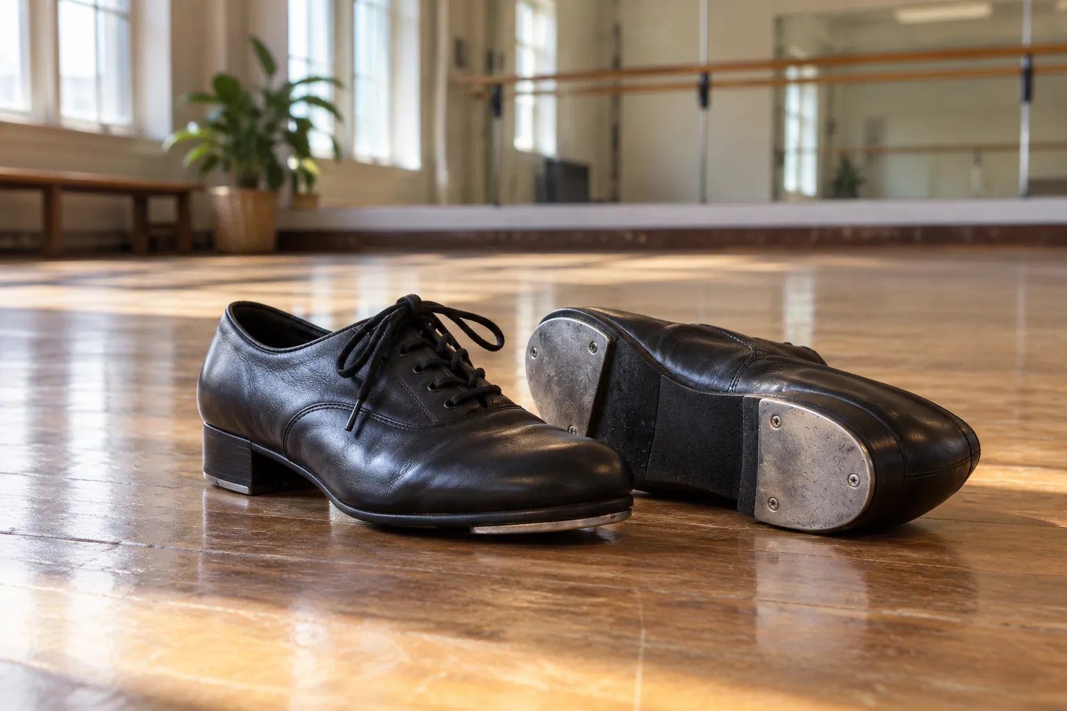 Illustration: Leather tap shoes showing metal toe and heel taps.