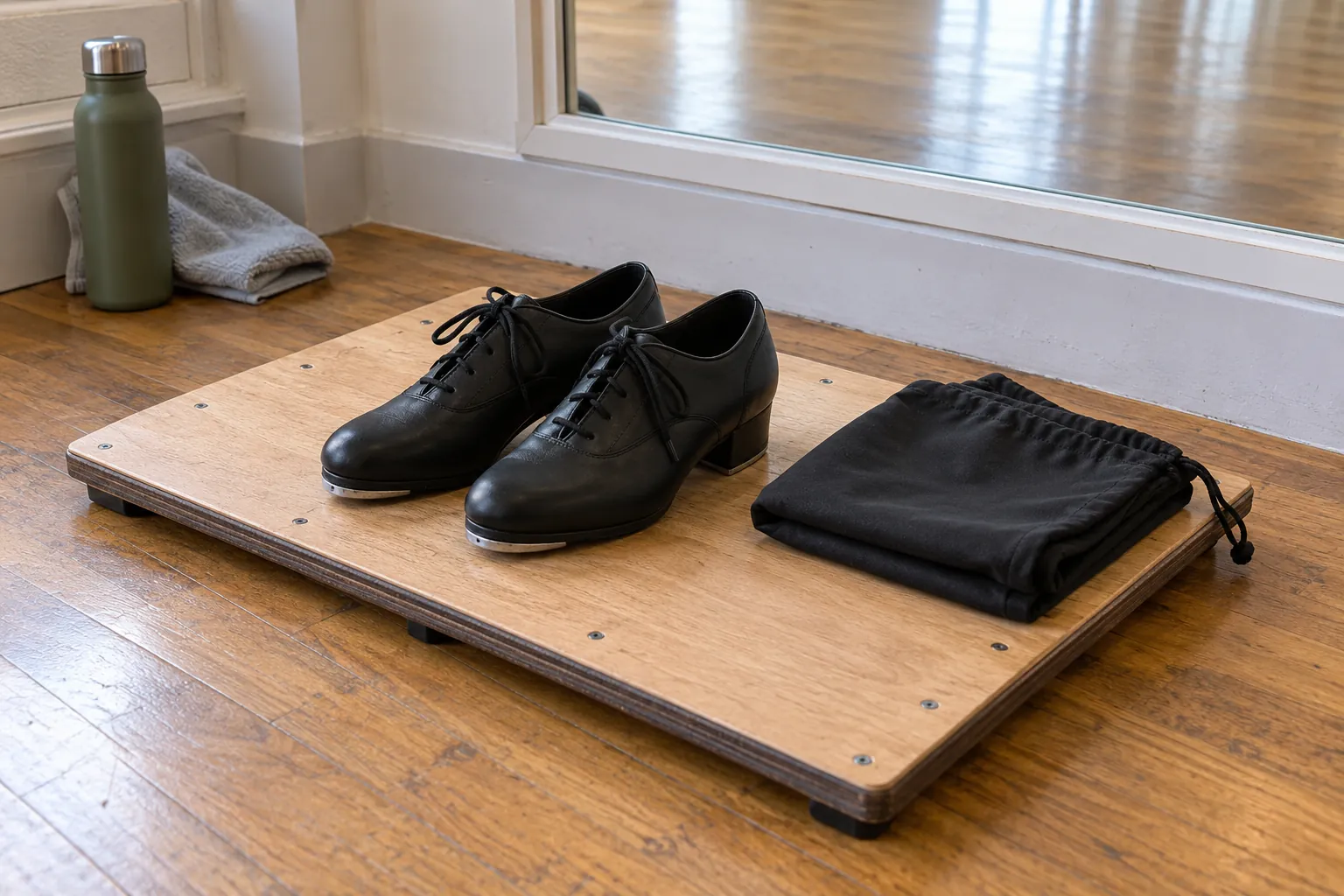 Illustration: Tap shoes and a shoe bag on a portable wooden practice board.