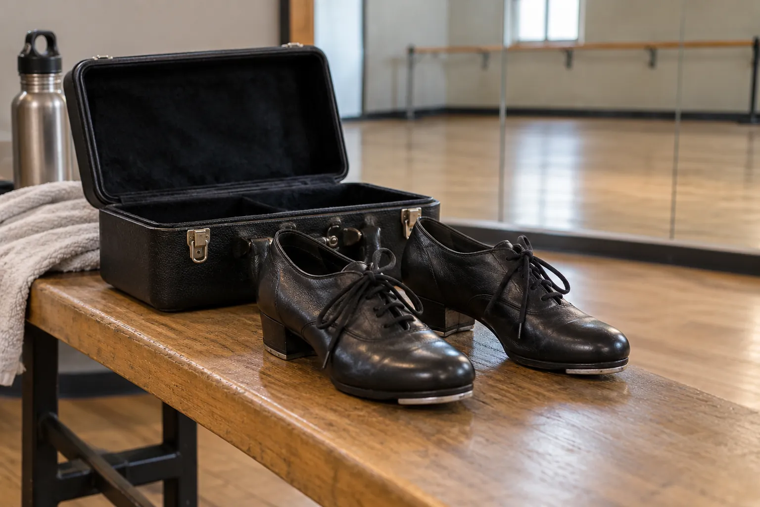 Illustration: Lace-up tap shoes beside an open hard shoe case.