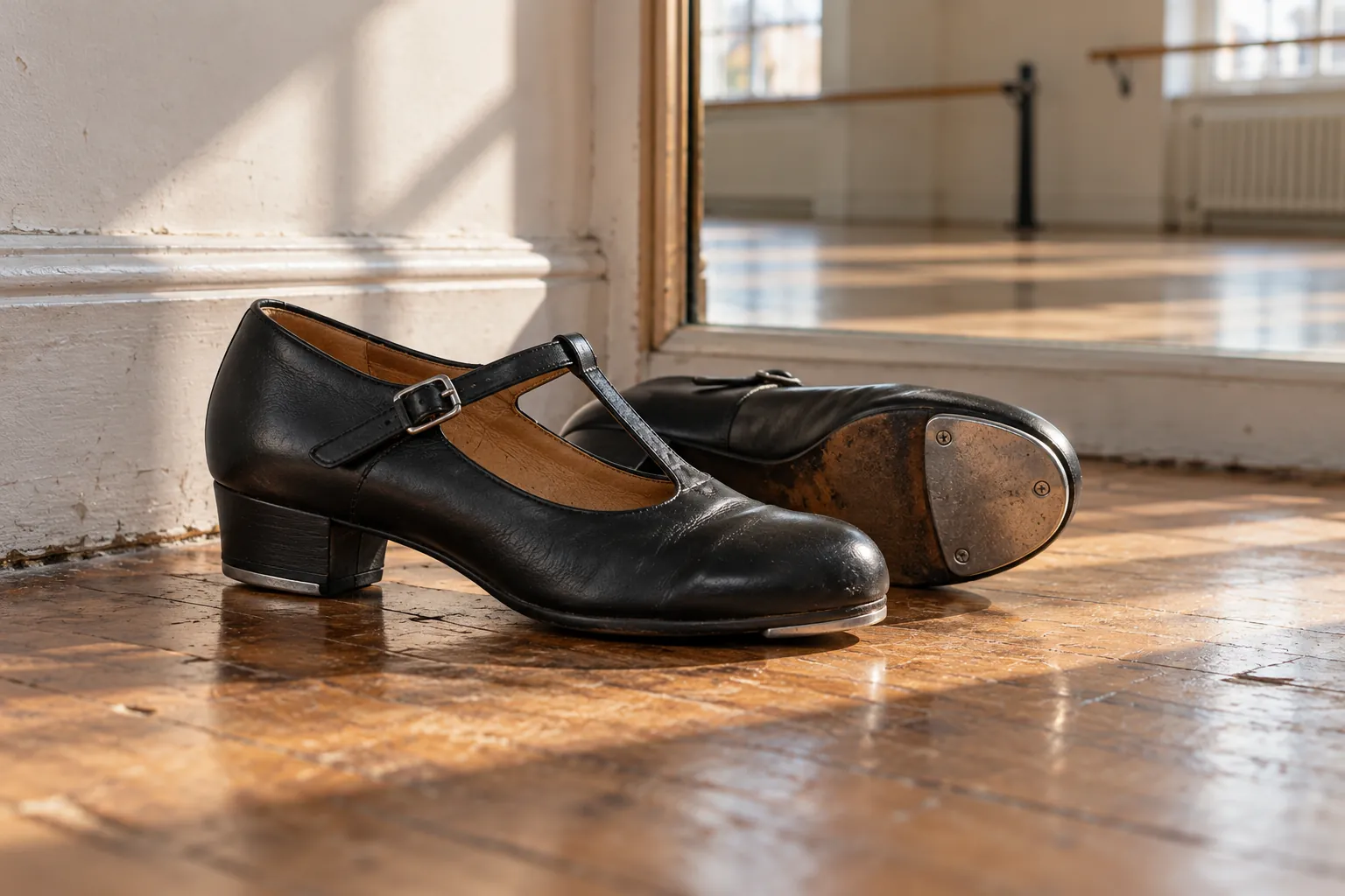 Illustration: Tap shoes with a visible metal heel plate by a studio wall.