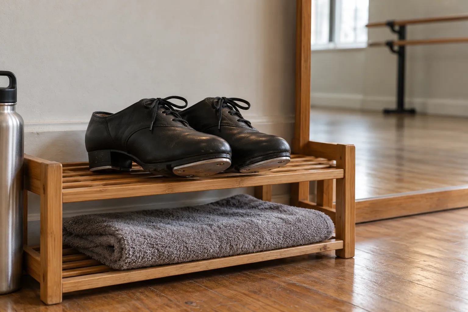 Illustration: Tap shoes on a ventilated wooden rack above a towel.