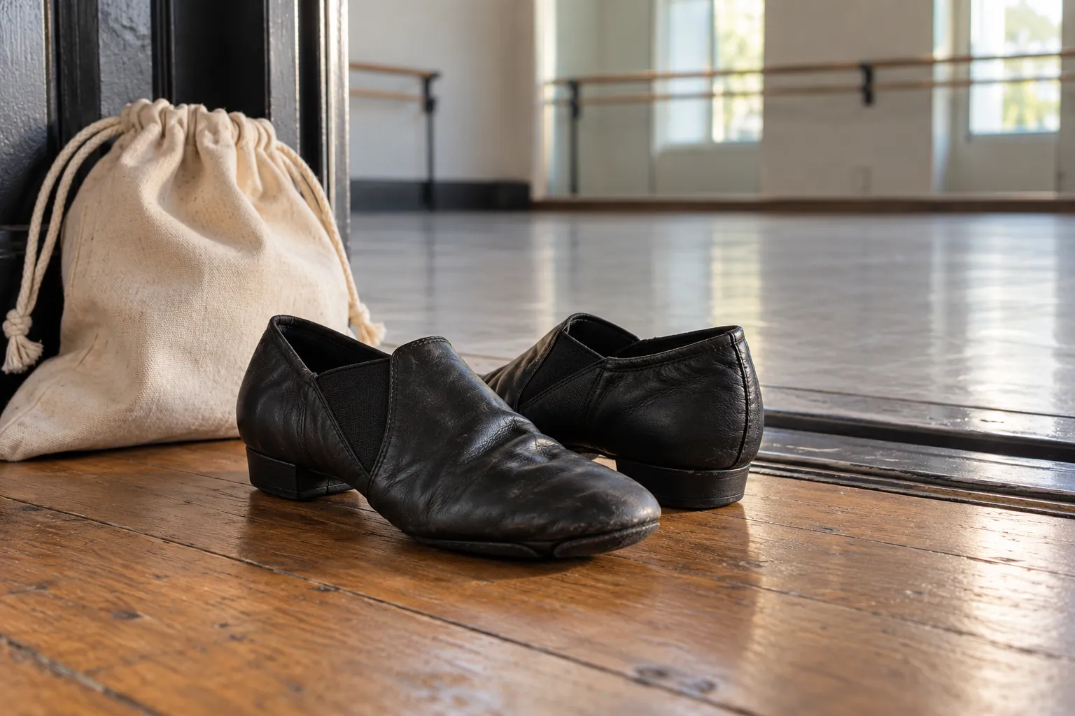 Split-sole jazz shoes beside a drawstring bag.