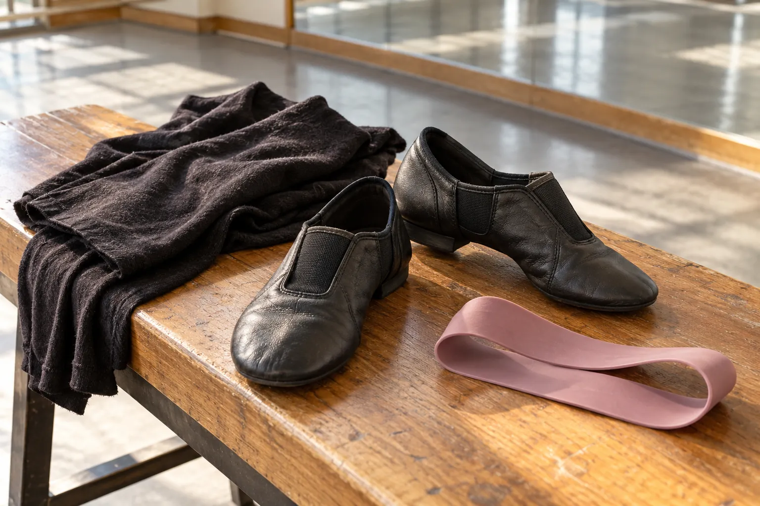 Illustration: Jazz shoes, a warmup layer and an exercise band on a bench.