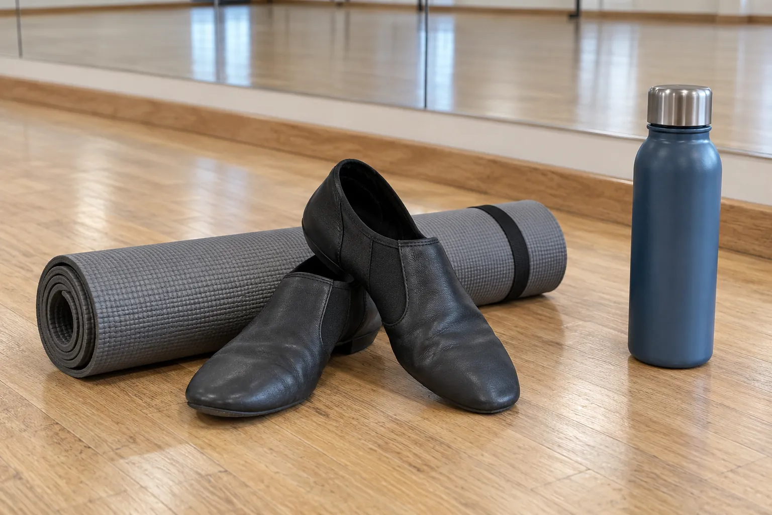 Illustration: Slip-on jazz shoes beside a rolled stretch mat.