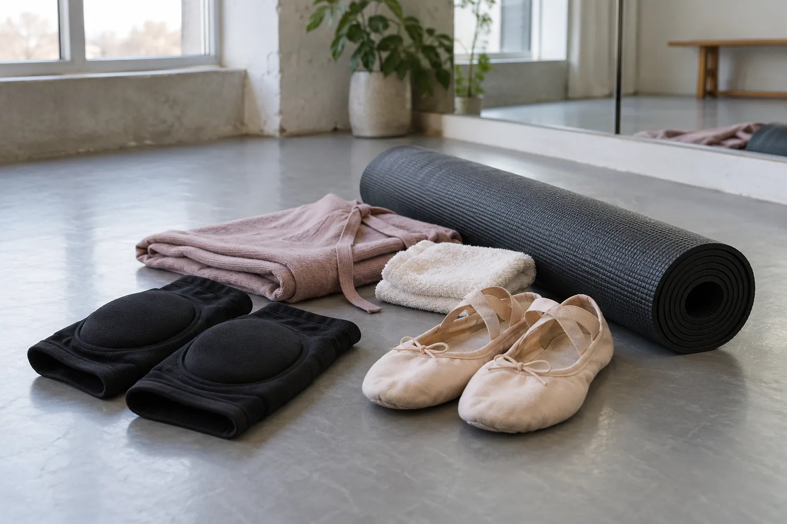 Illustration: Dance knee pads and folded clothing beside a rolled floor mat.