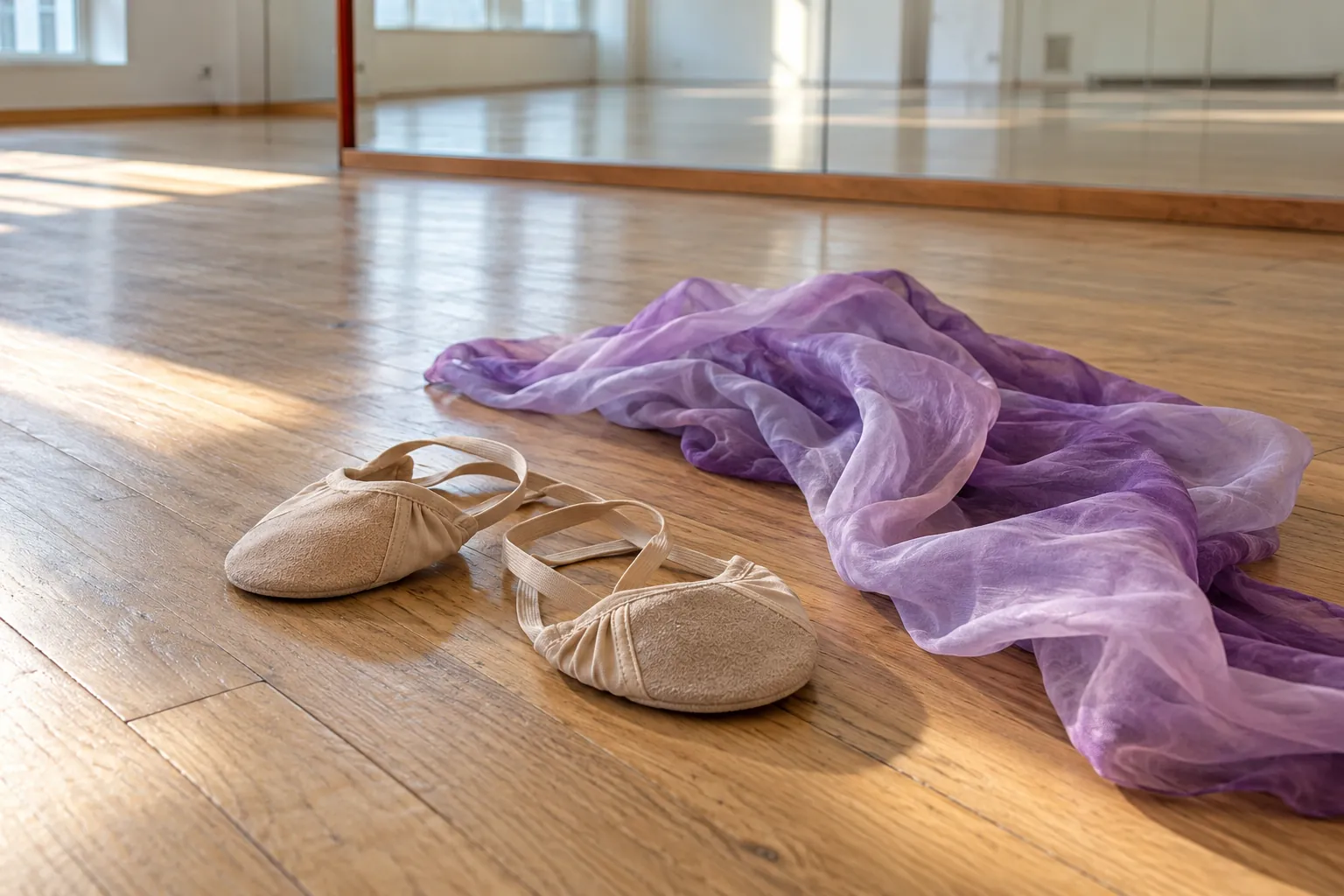Illustration: Half-sole foot pads and a folded practice scarf on wood flooring.