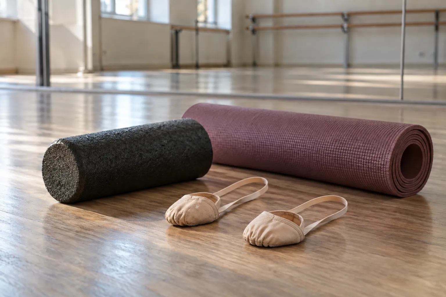 Illustration: A foam roller, mat and half-sole shoes in a studio corner.