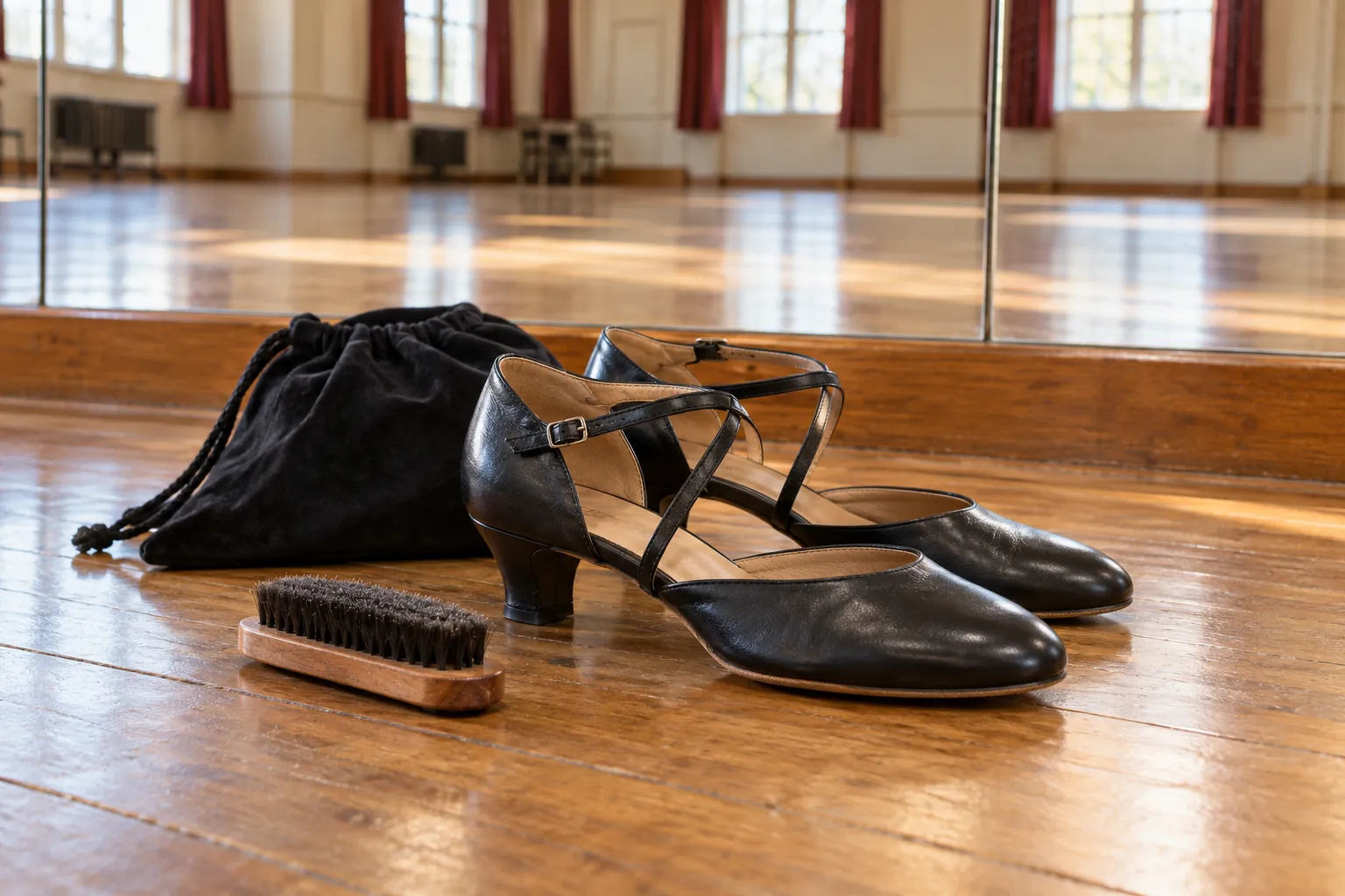 Illustration: Low-heeled ballroom shoes and a suede brush on timber flooring.