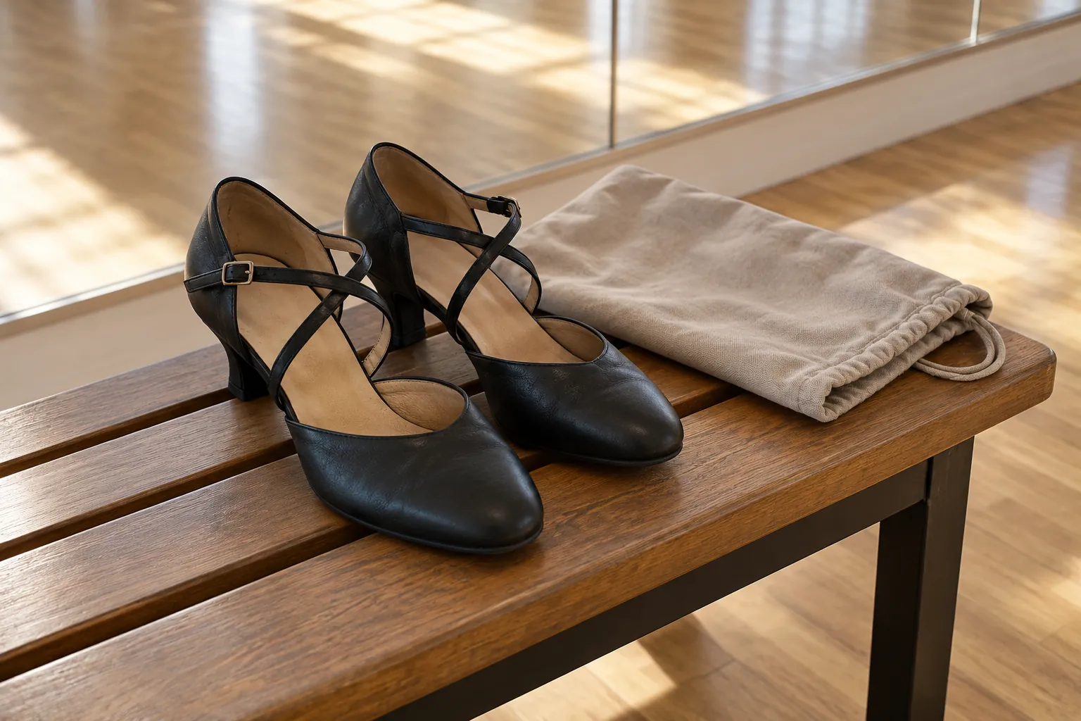 Illustration: Strapped ballroom practice shoes and a folded shoe bag.