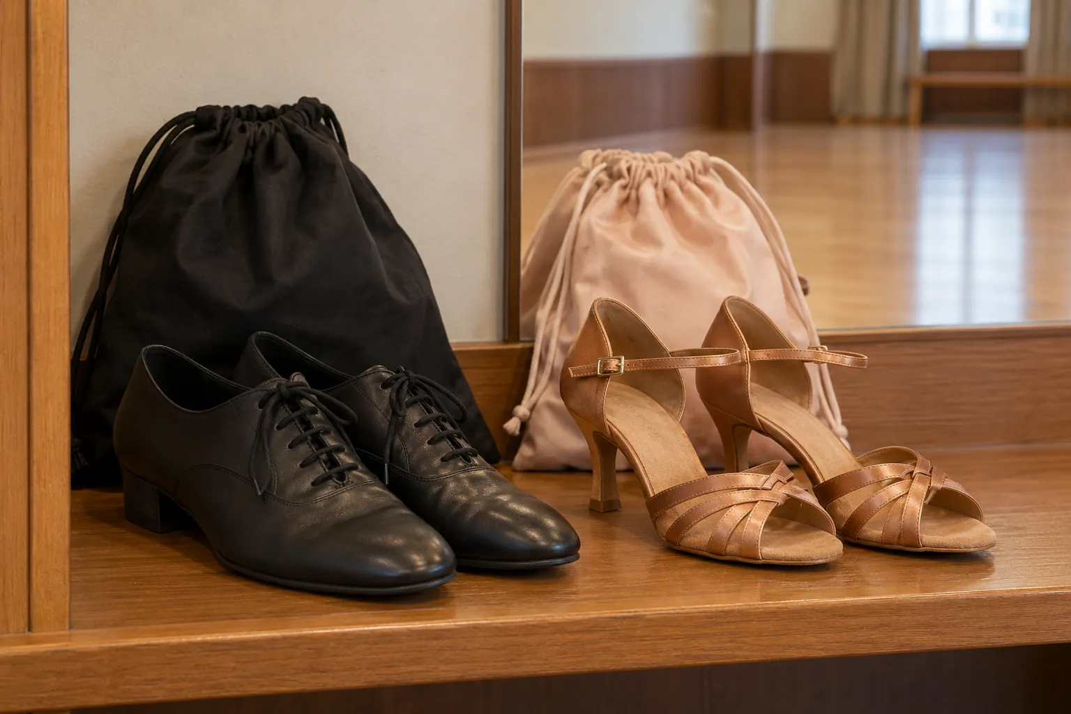 Illustration: Two pairs of ballroom practice shoes with separate cloth bags.