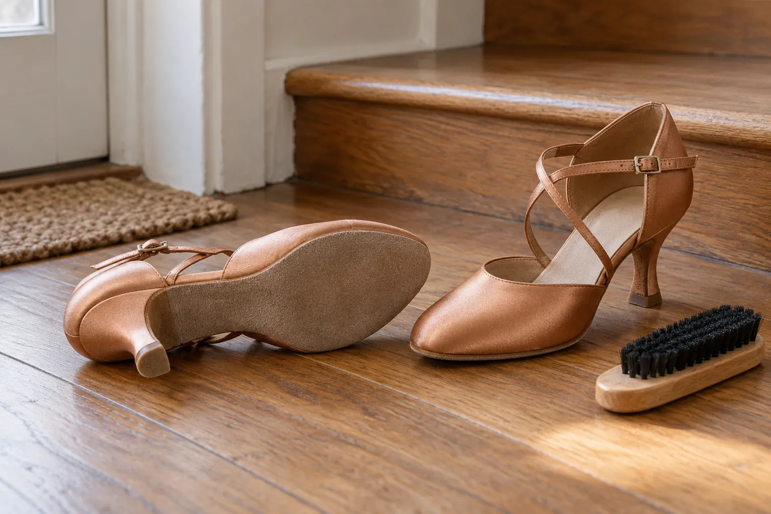Illustration: Ballroom shoes showing a suede sole beside a shoe brush.