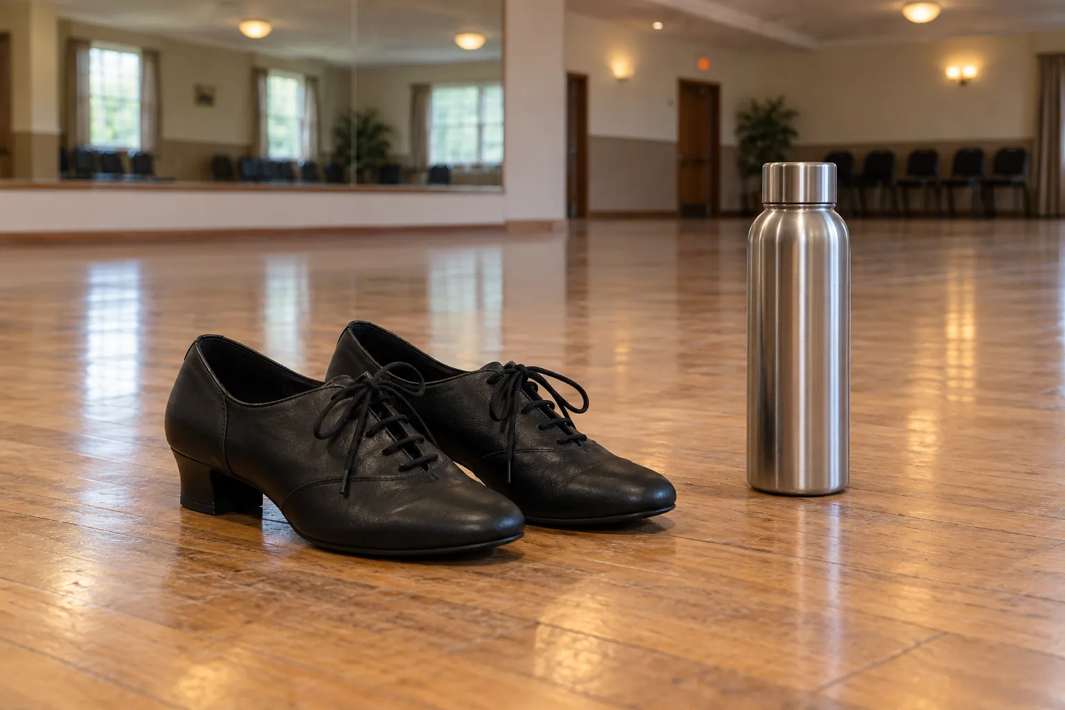 Illustration: Ballroom lace-up shoes beside an empty social-hall dance floor.