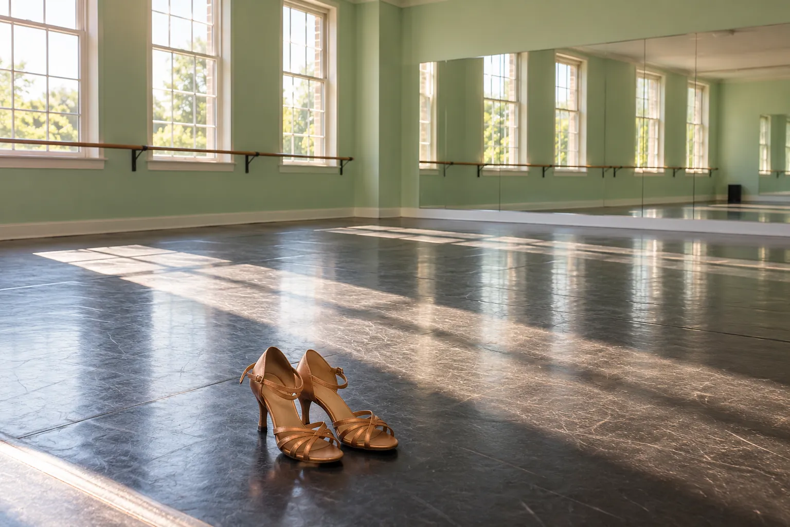 Illustration: Open-toe dance shoes at the edge of an empty mint-colored studio.
