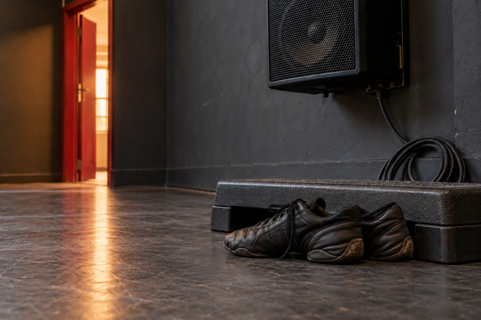 Illustration: Dance sneakers below a plain rehearsal-room speaker.