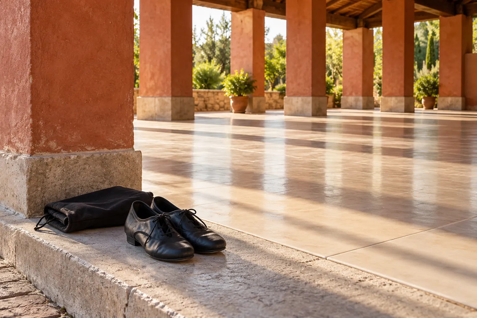 Illustration: An empty tiled courtyard prepared for dance practice.