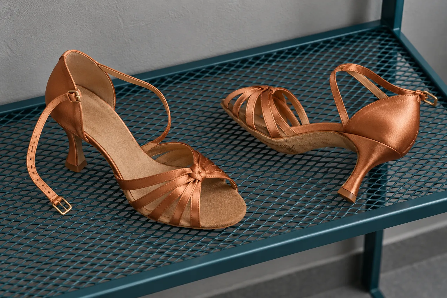 Illustration: Open ankle straps on Latin shoes resting on a teal drying rack.