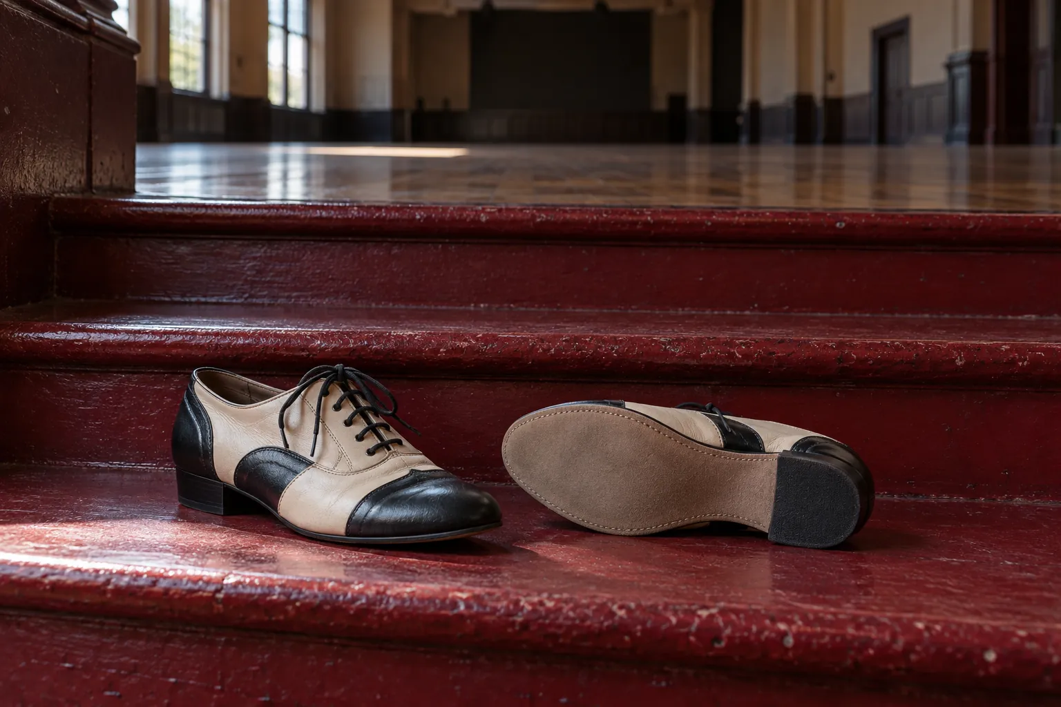 Illustration: Two-tone swing dance shoes on dark red rehearsal steps.