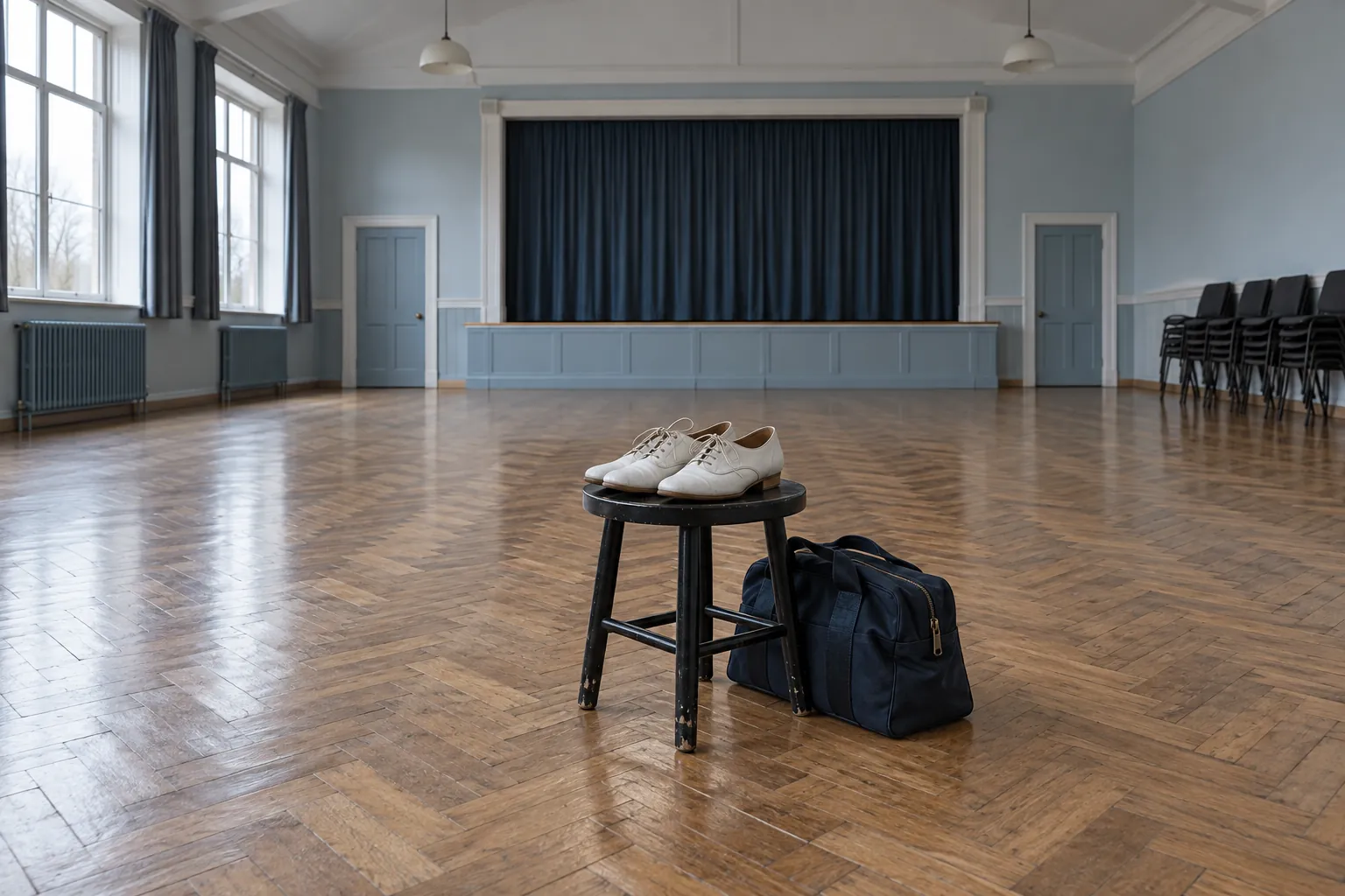 Illustration: A stool with swing shoes in an empty blue community hall.