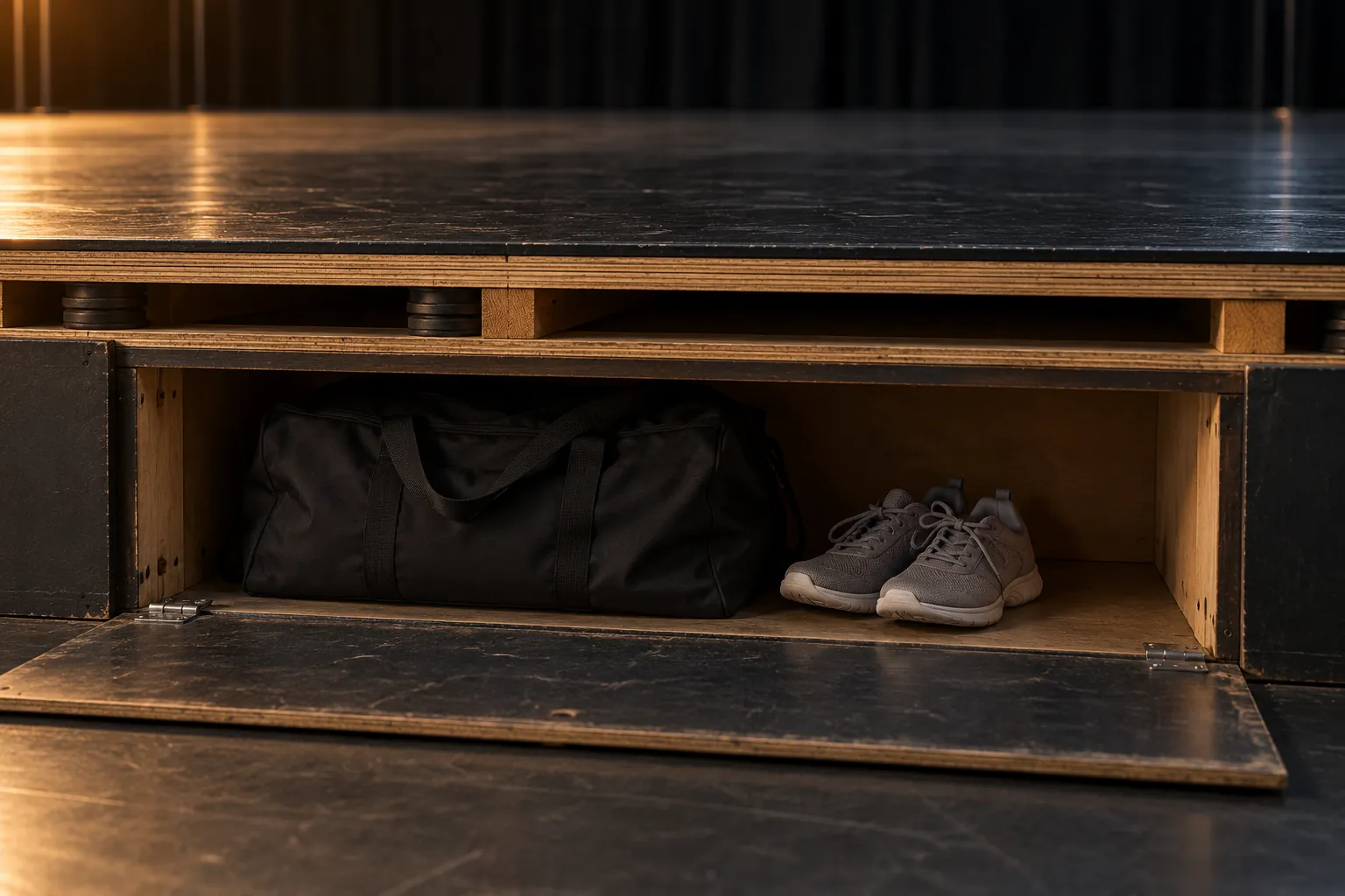 Practice sneakers and a bag beneath a rehearsal-stage storage hatch.
