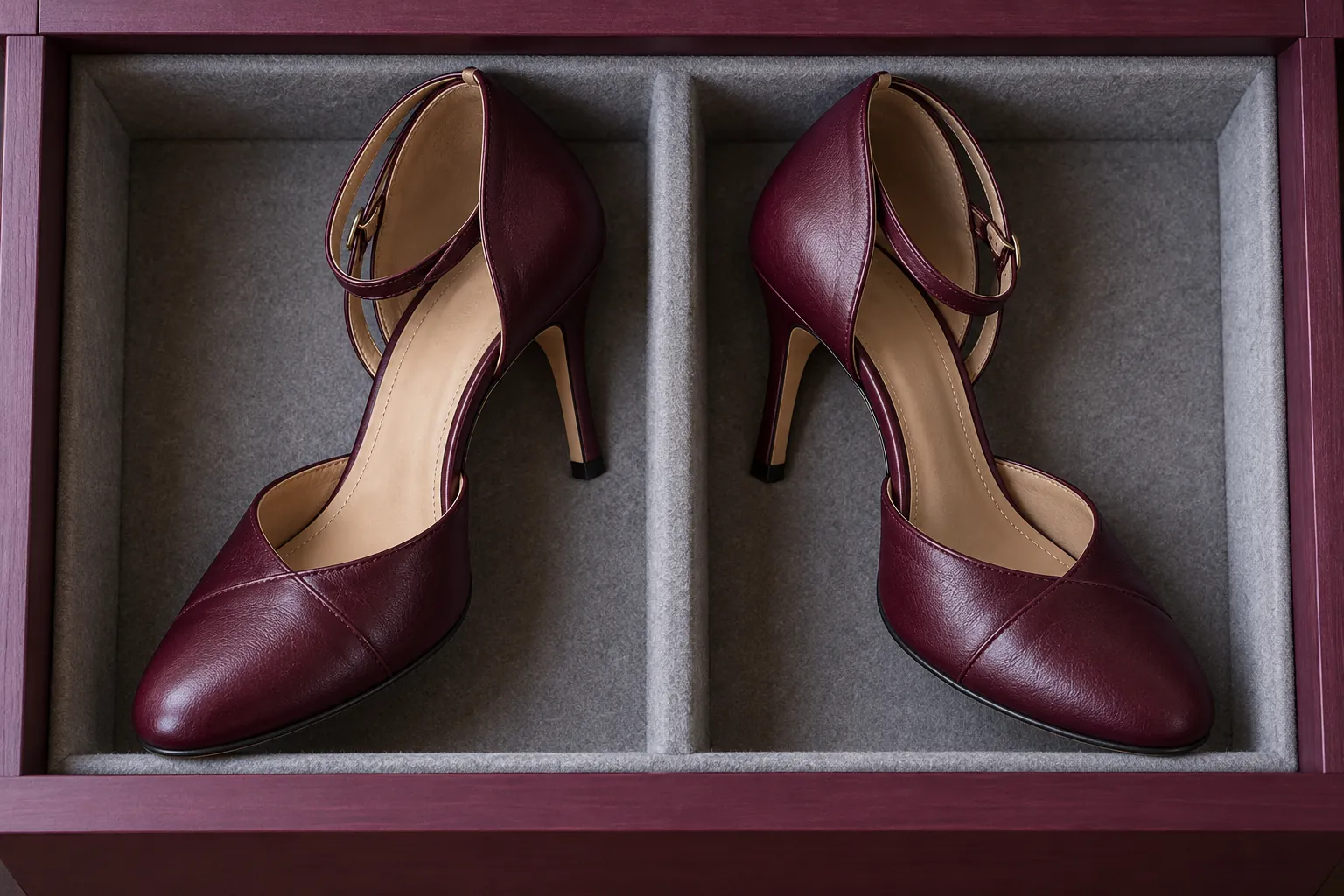 Illustration: Tango heels fitted into a shallow plum storage drawer.
