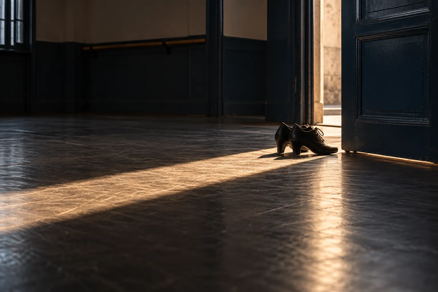 Illustration: Dance shoes beside a sunlit threshold in an empty practice room.