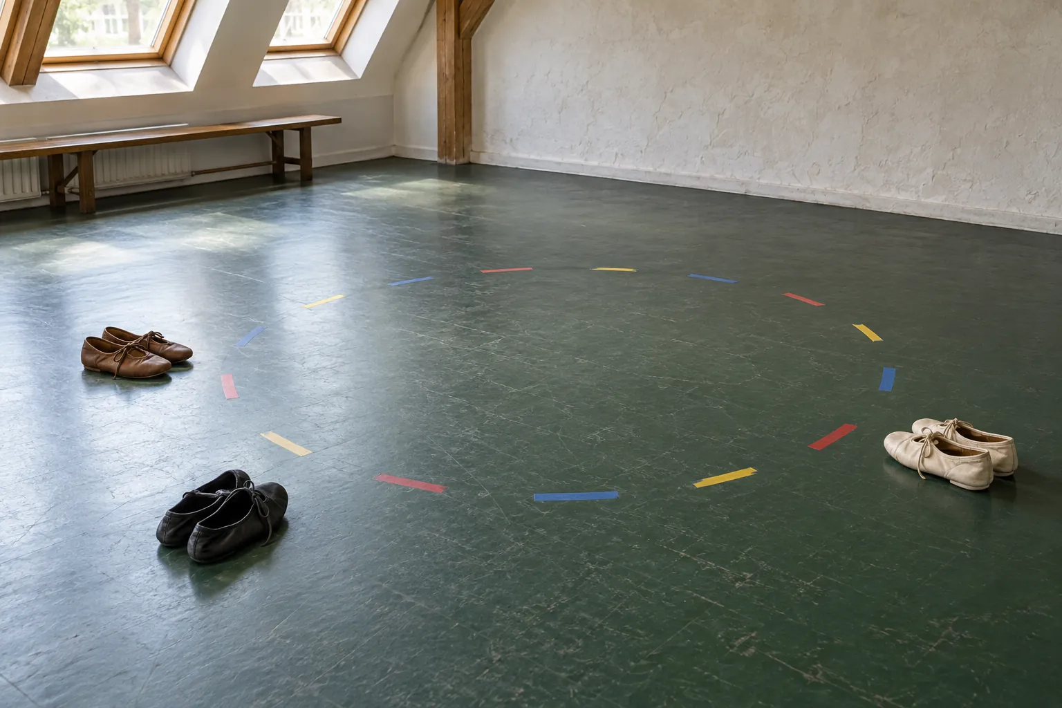 Illustration: Soft dance shoes beside a marked practice circle.