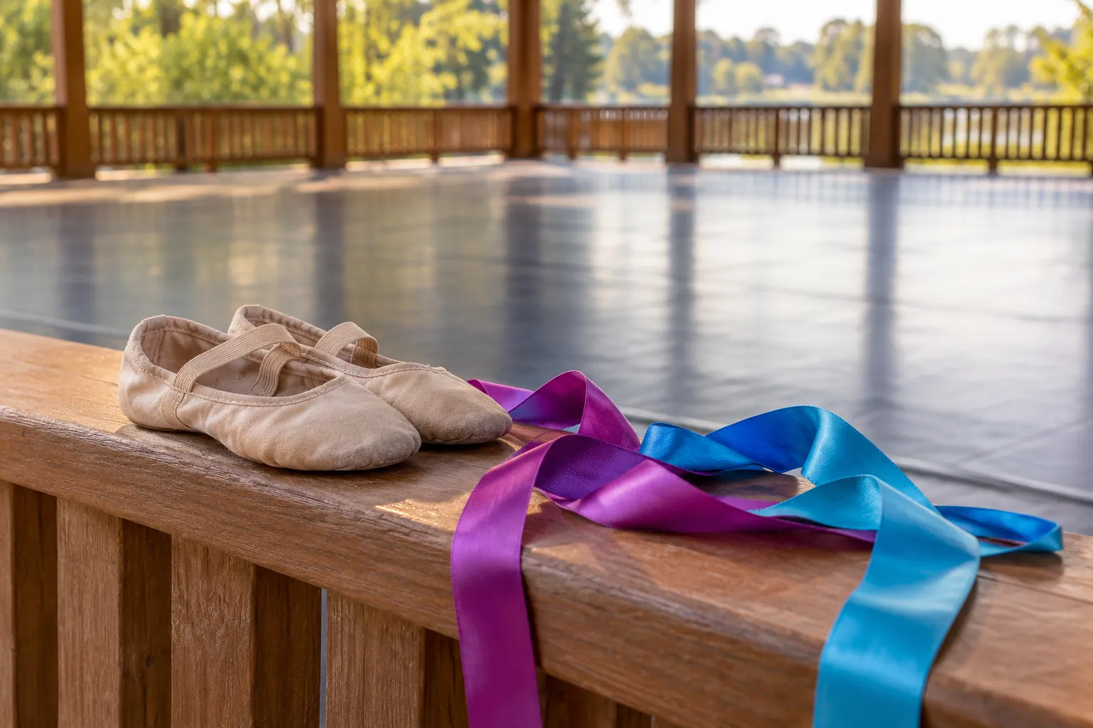 Illustration: Simple colored rehearsal ribbons and plain soft dance shoes rest on a broad pavilion rail beside an empty smooth dance floor, photographed low without cultural costume claims.