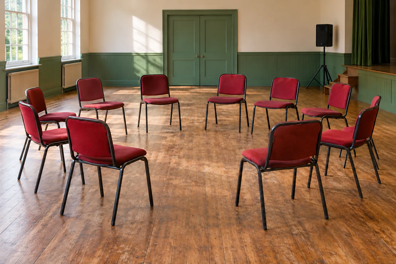 Illustration: A clear circular rehearsal area on a worn wood floor is bordered by empty red chairs and a modest speaker in a green-doored civic hall, shown wide.