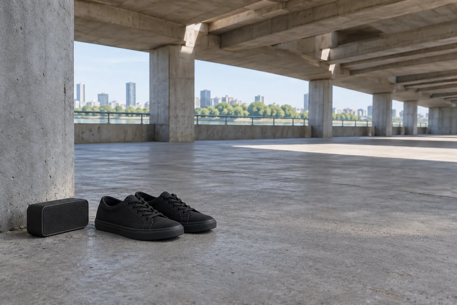 Illustration: Plain dance sneakers and a small speaker at the edge of a sheltered concrete street-dance practice space.