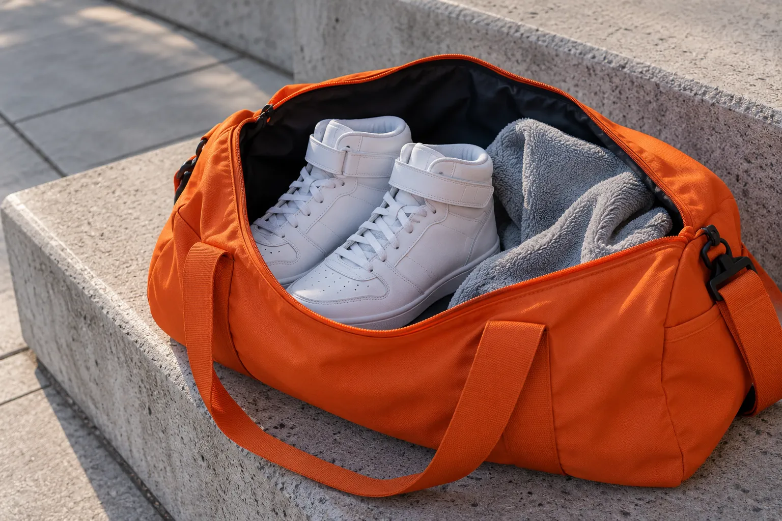 Illustration: An open orange duffel contains plain high-top dance sneakers and a gray towel on a concrete bleacher beside smooth outdoor paving, seen close.