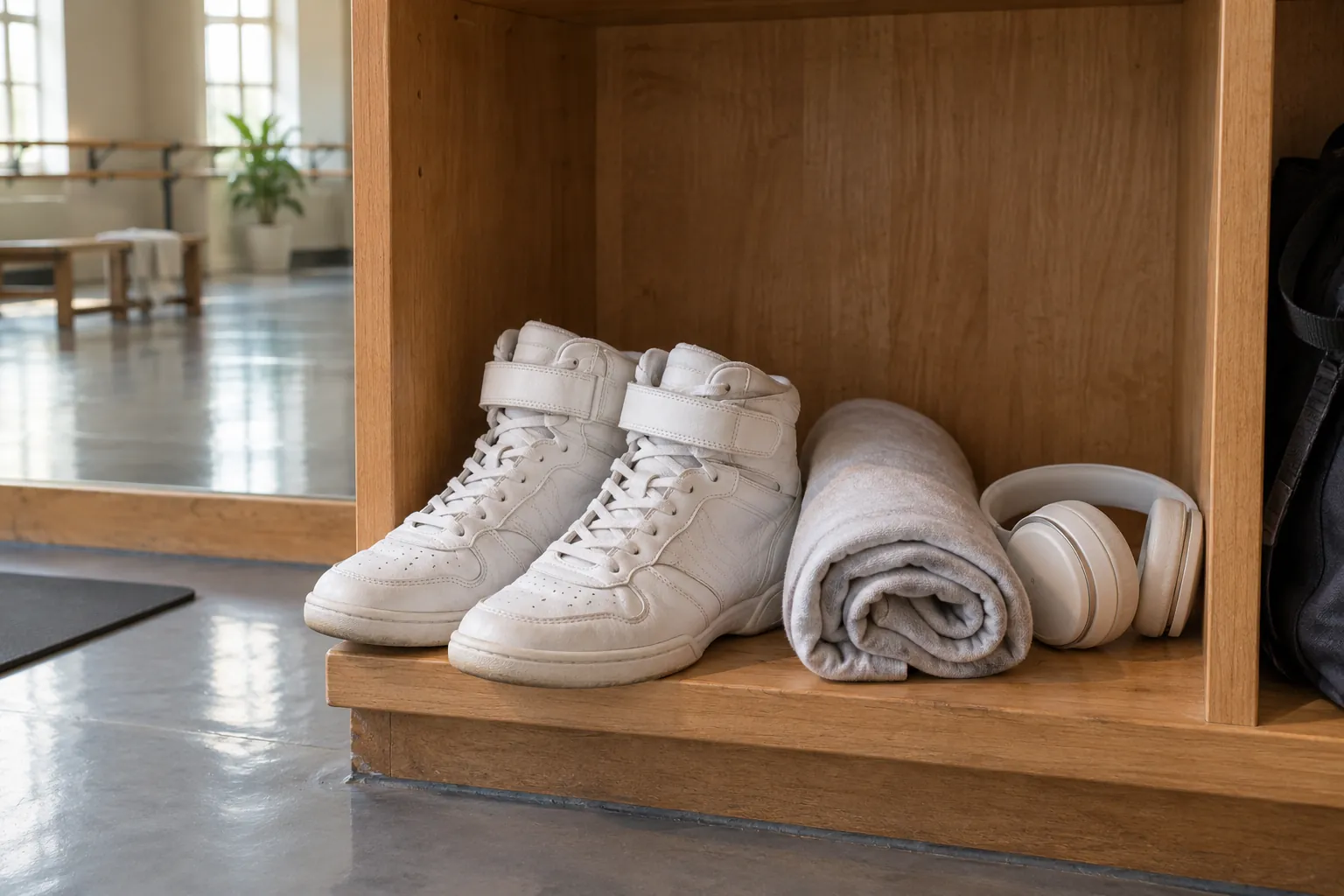 Illustration: High-top dance sneakers and headphones in a studio cubby.