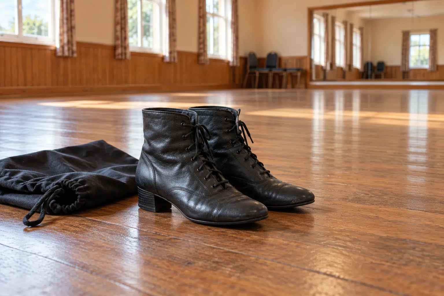 Illustration: Low-heeled leather dance boots beside a timber dance floor.
