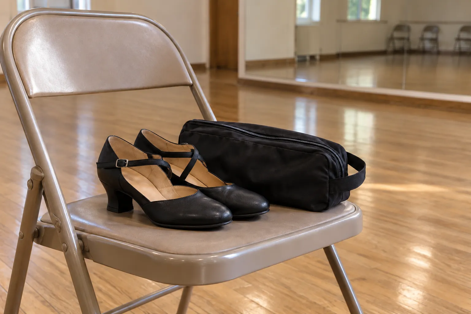 Illustration: Low-heeled practice shoes and a pouch on a folding chair.