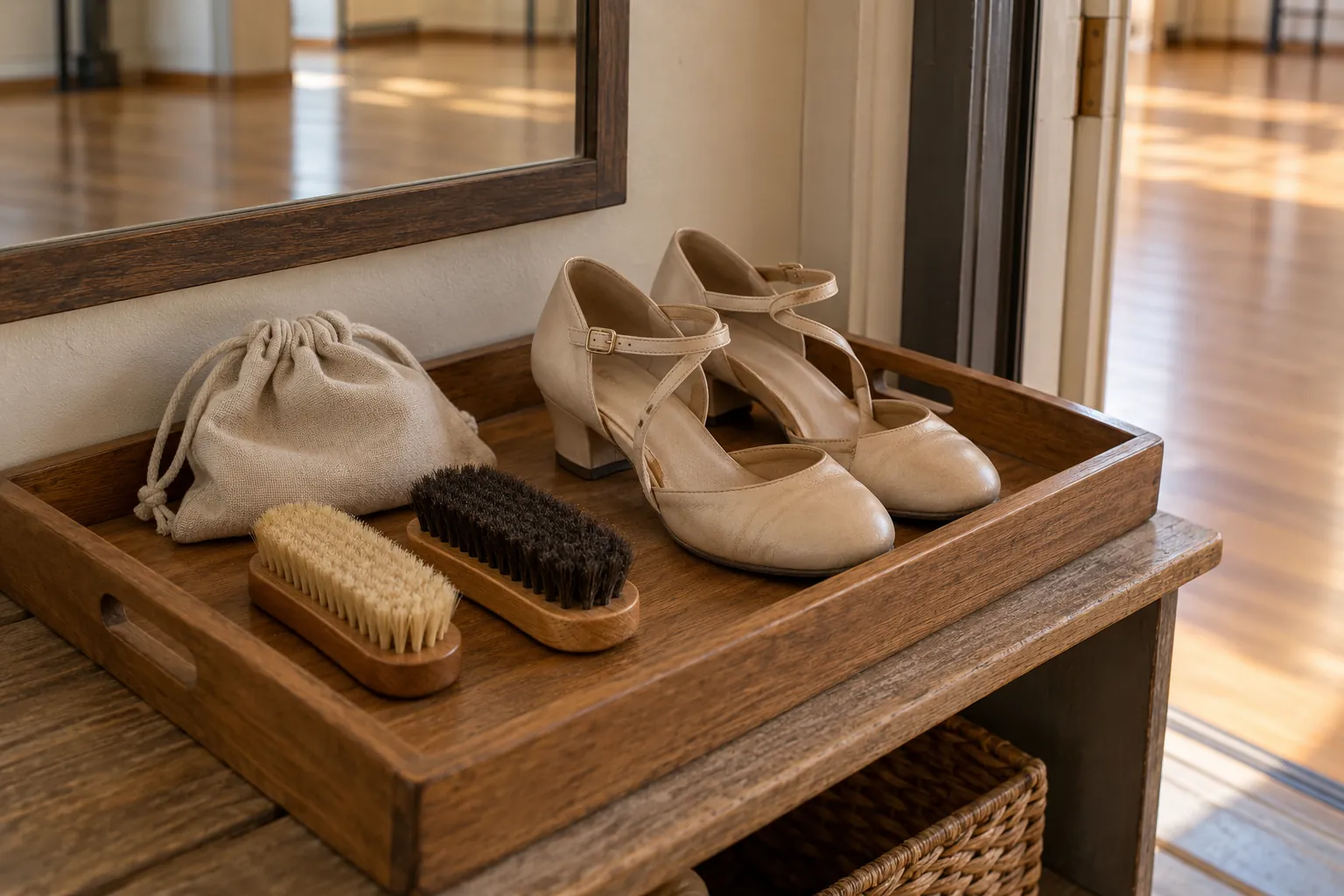 Illustration: Dance shoes, brushes and a fabric pouch in a wooden tray.
