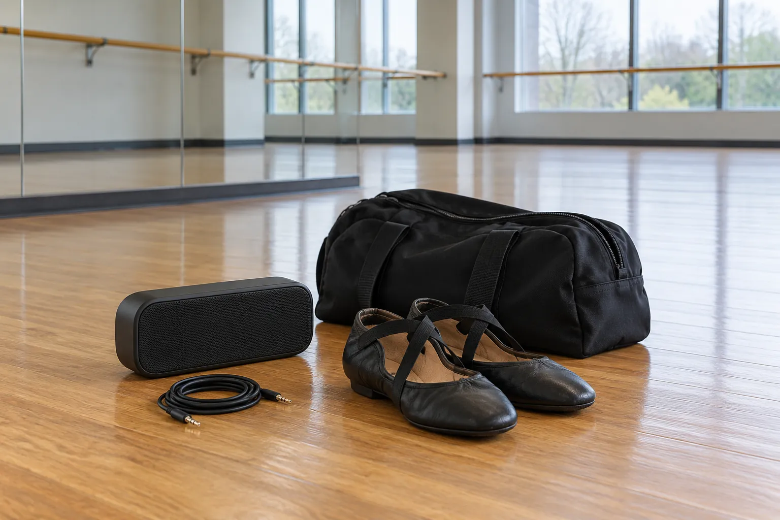 Illustration: A speaker, audio cable and dance-shoe bag beside an open floor.