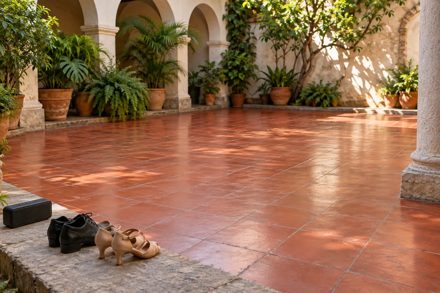 Illustration: A sheltered red-tiled courtyard floor is clear for partner-dance practice, with two pairs of plain dance shoes and a small speaker on a dry edge, shown wide.