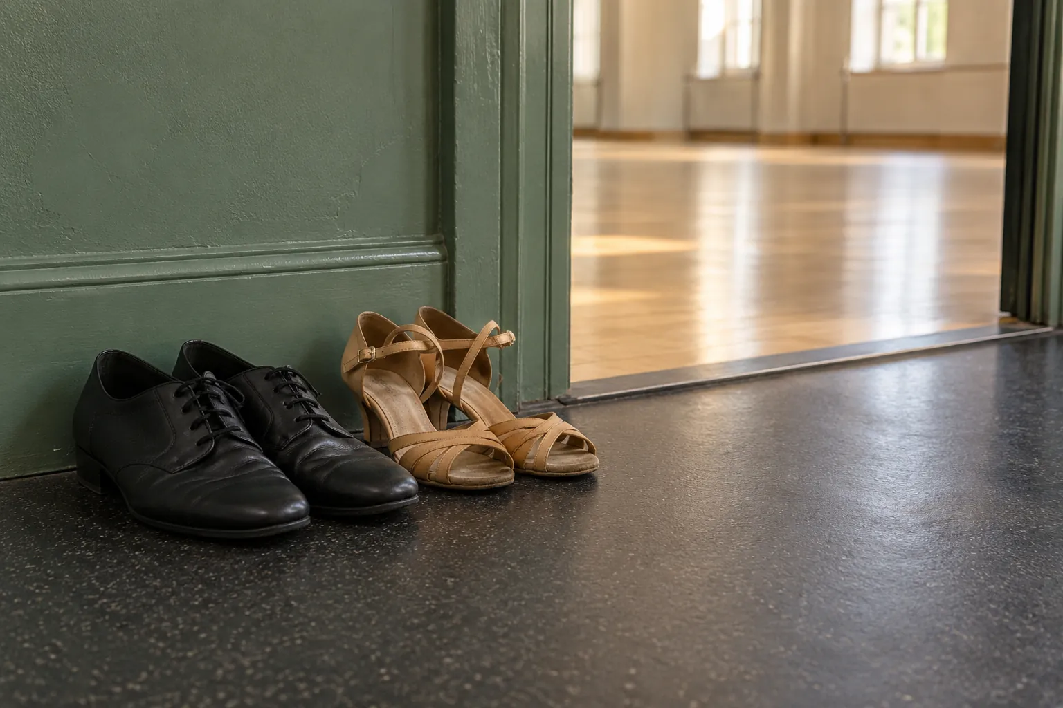 Illustration: Two contrasting pairs of simple partner-dance shoes sit beside a green studio doorway on dark rubber flooring, shown low with the open practice floor beyond.