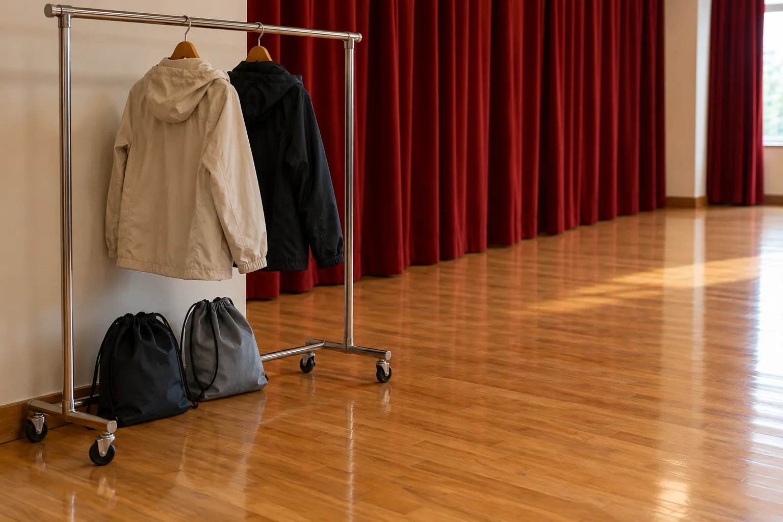 Illustration: A metal coat rail holds two light jackets beside a polished practice floor and deep red curtains, with plain shoe bags below, shown diagonally.